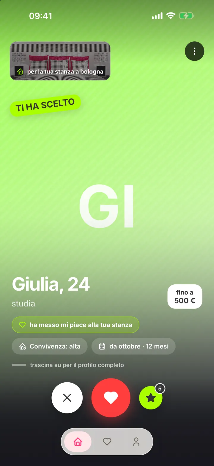 Chi vive in casa vede chi ha messo mi piace alla stanza, con budget, date e convivenza