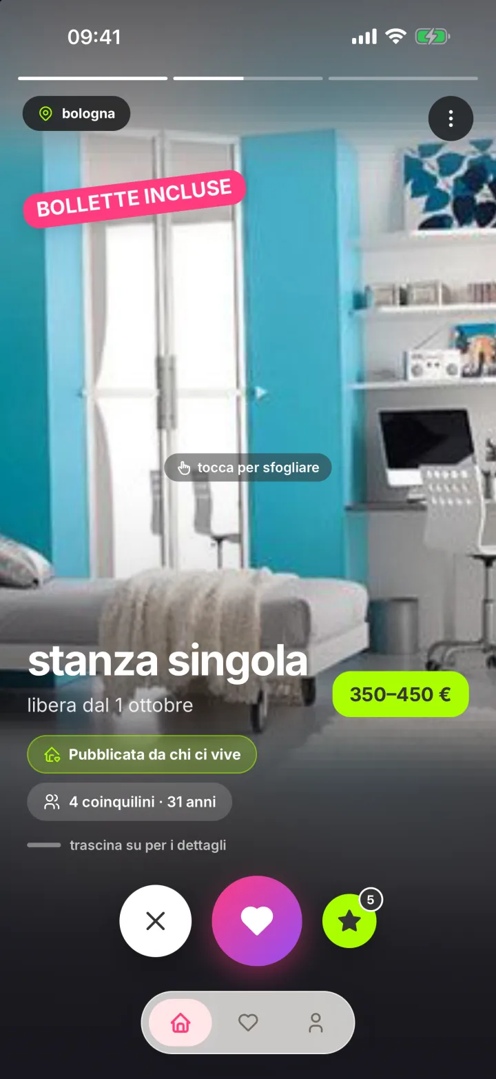 La scheda di una stanza singola a Bologna: prezzo, data di ingresso, pubblicata da chi ci vive