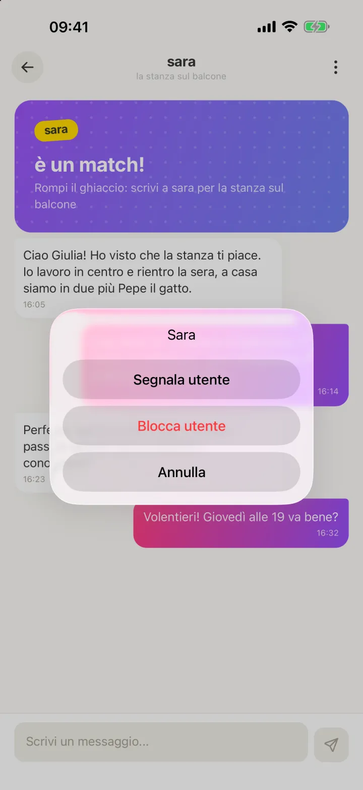 Dal menu della chat si può segnalare o bloccare un utente
